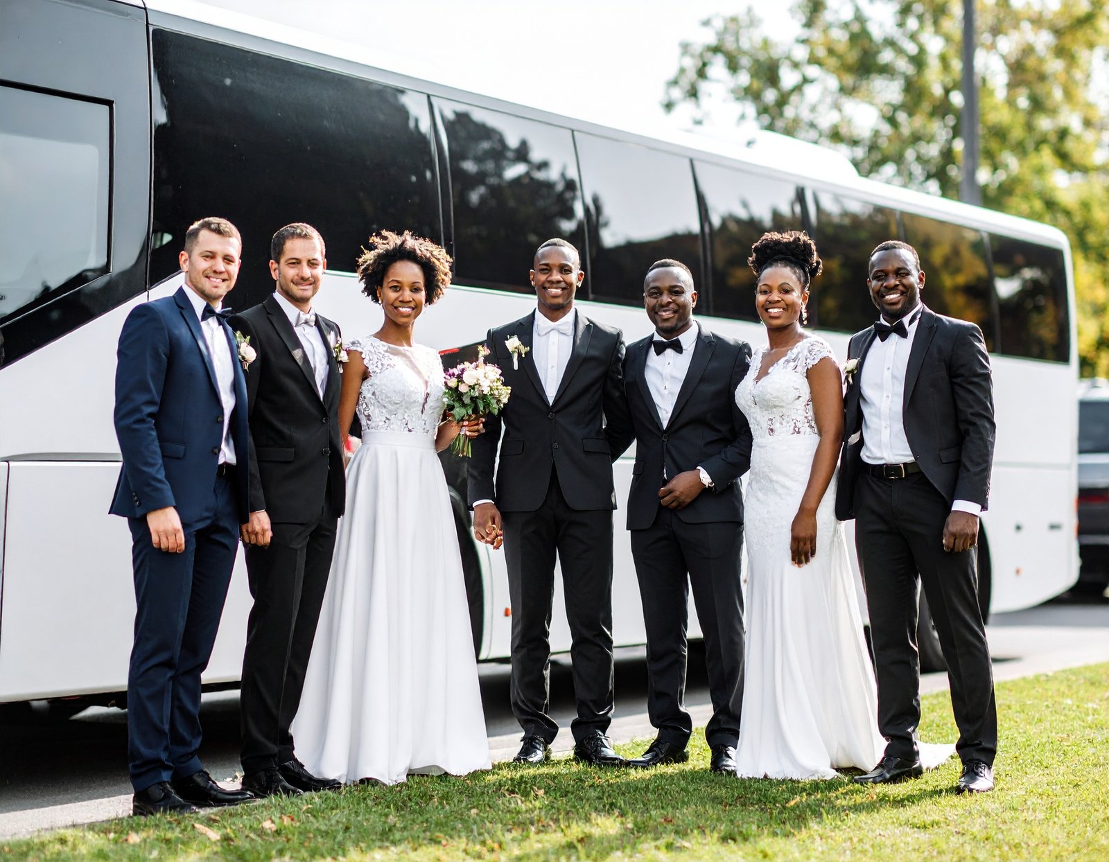 Bridal party in front of a bus