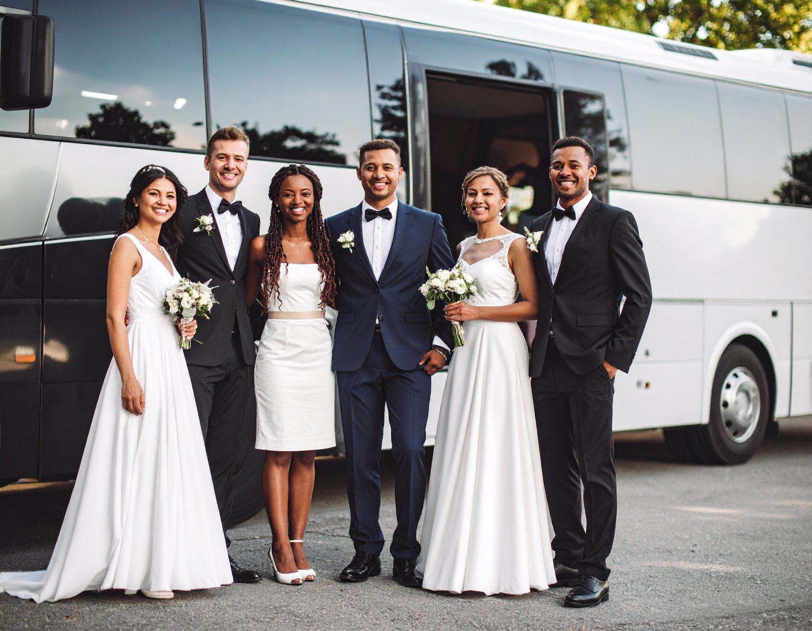 Happy couples next to a shuttle van