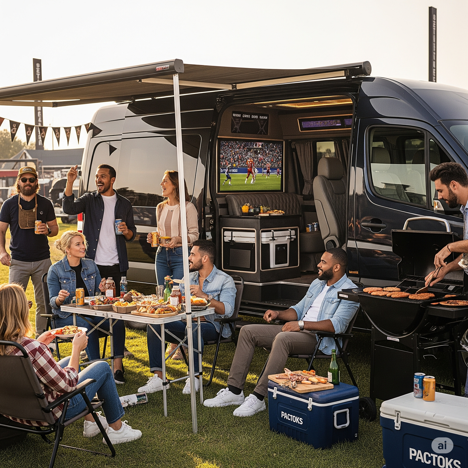 Friends tailgating with a sprinter van